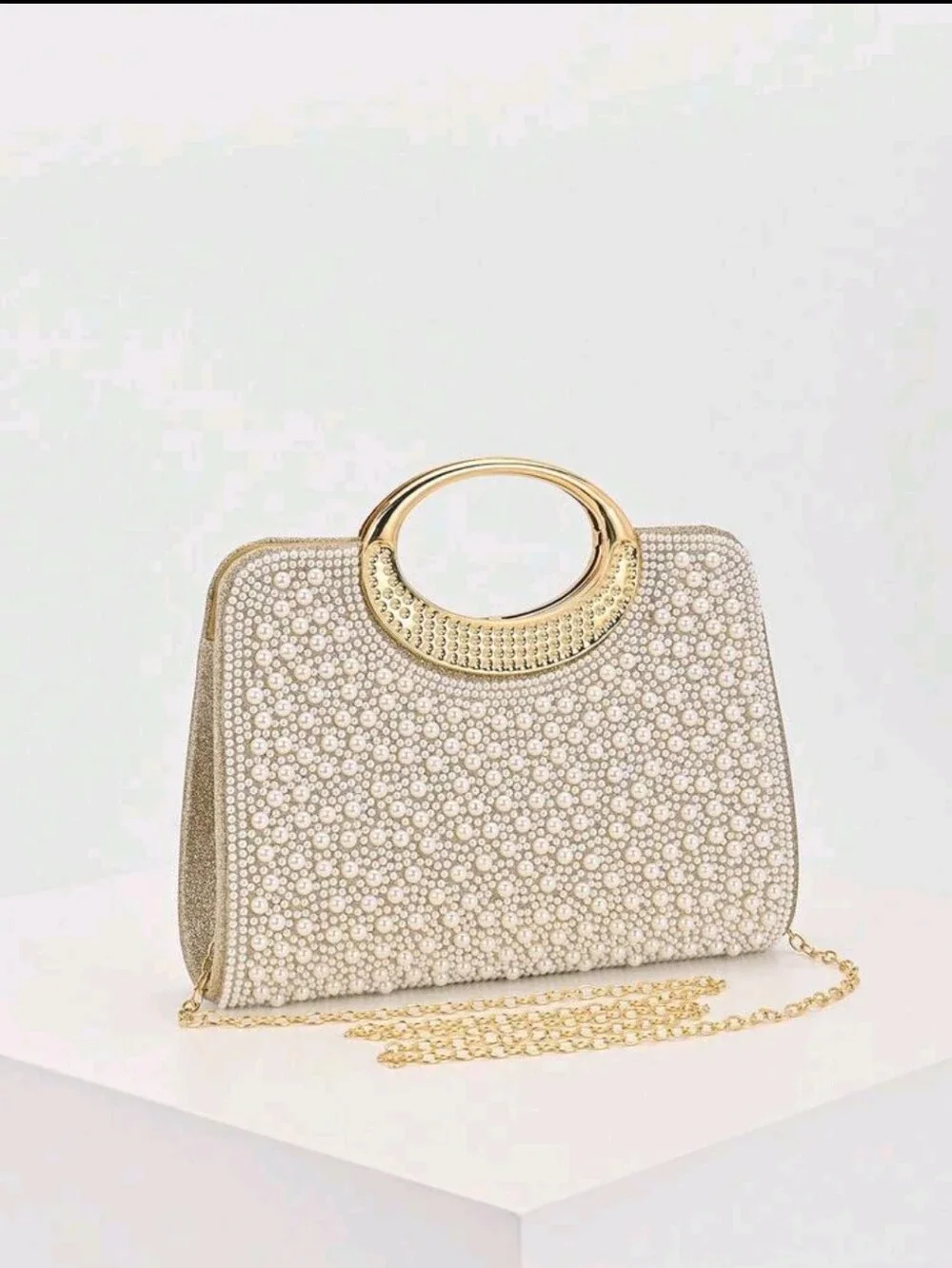 BRAND NEW ** Elegant Pearl-Embellished Cream Evening Clutch with Gold Handle